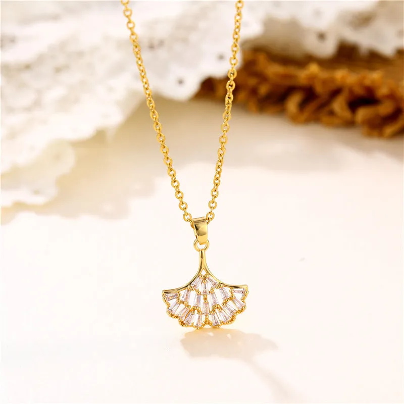 Korean Women Fan-Shape Titanium Steel Diamond Inlay Necklaces