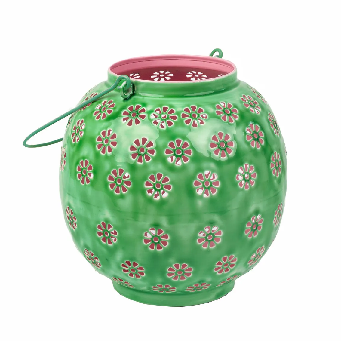 Metal Green & Pink Geometric Flower Lantern - Large