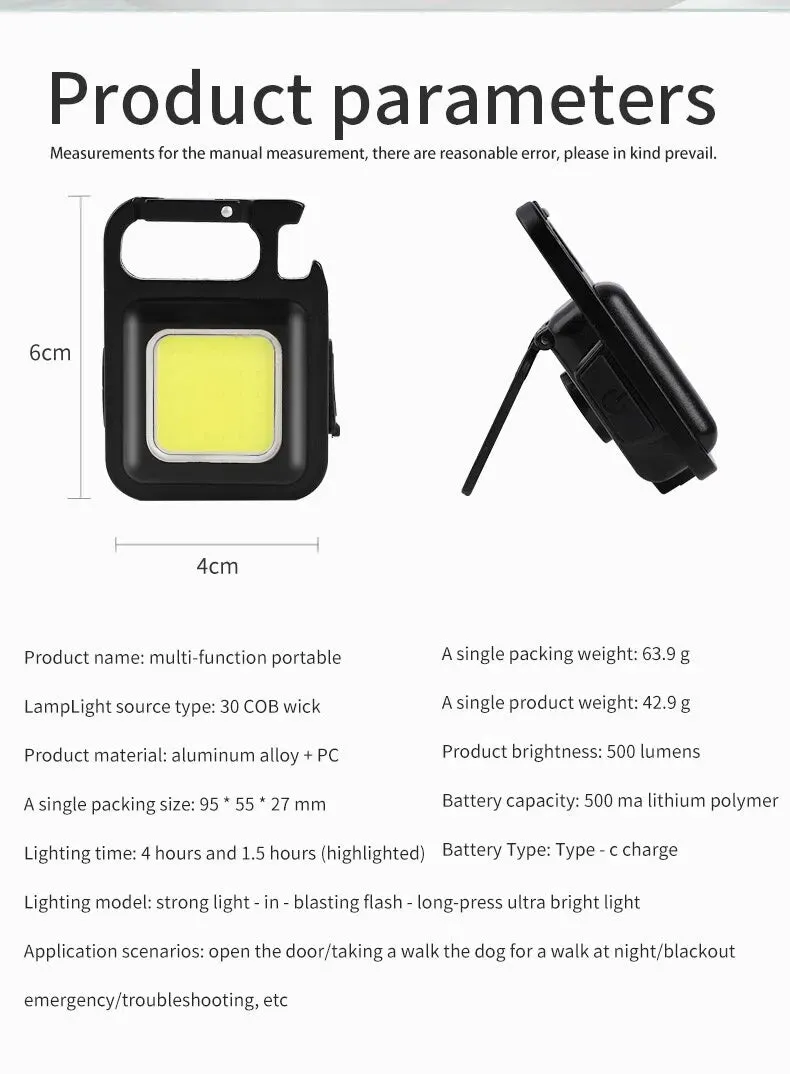 Mini LED Portable Keychain Flashlight Multifunction COB Work Light USB Rechargeable Strong Magnet Outdoor Camping Lantern