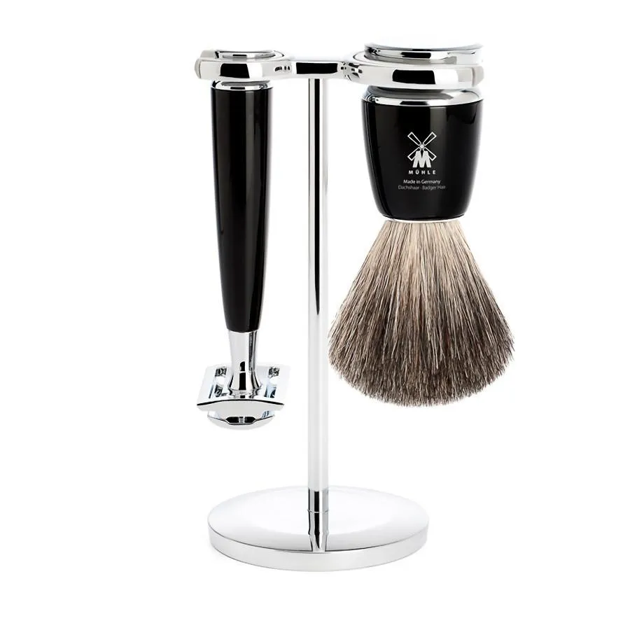 Muhle Rytmo 3-Piece Shaving Set with Safety Razor and Pure Badger Brush, Black