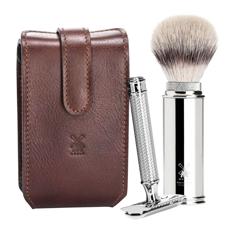 MUHLE Travel Shaving Set - Brown Leather Pouch, Safety Razor, Silvertip Fibre® Shaving Brush