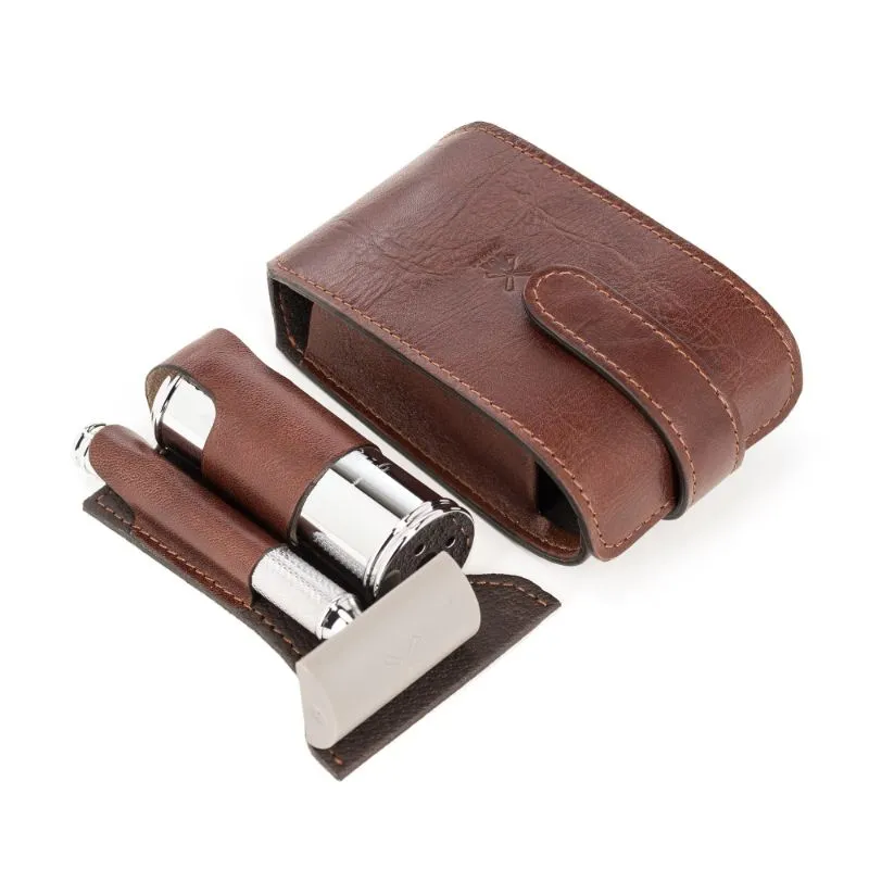 MUHLE Travel Shaving Set - Brown Leather Pouch, Safety Razor, Silvertip Fibre® Shaving Brush