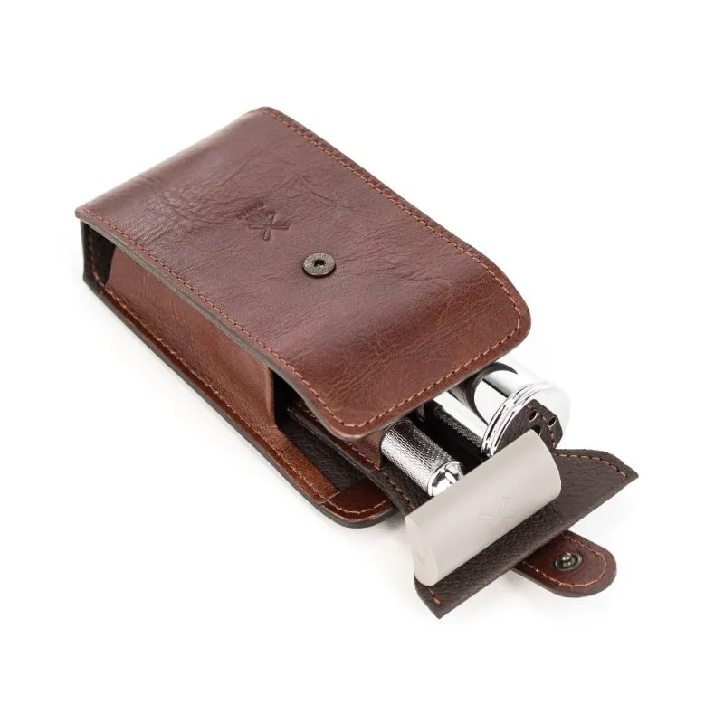 MUHLE Travel Shaving Set - Brown Leather Pouch, Safety Razor, Silvertip Fibre® Shaving Brush