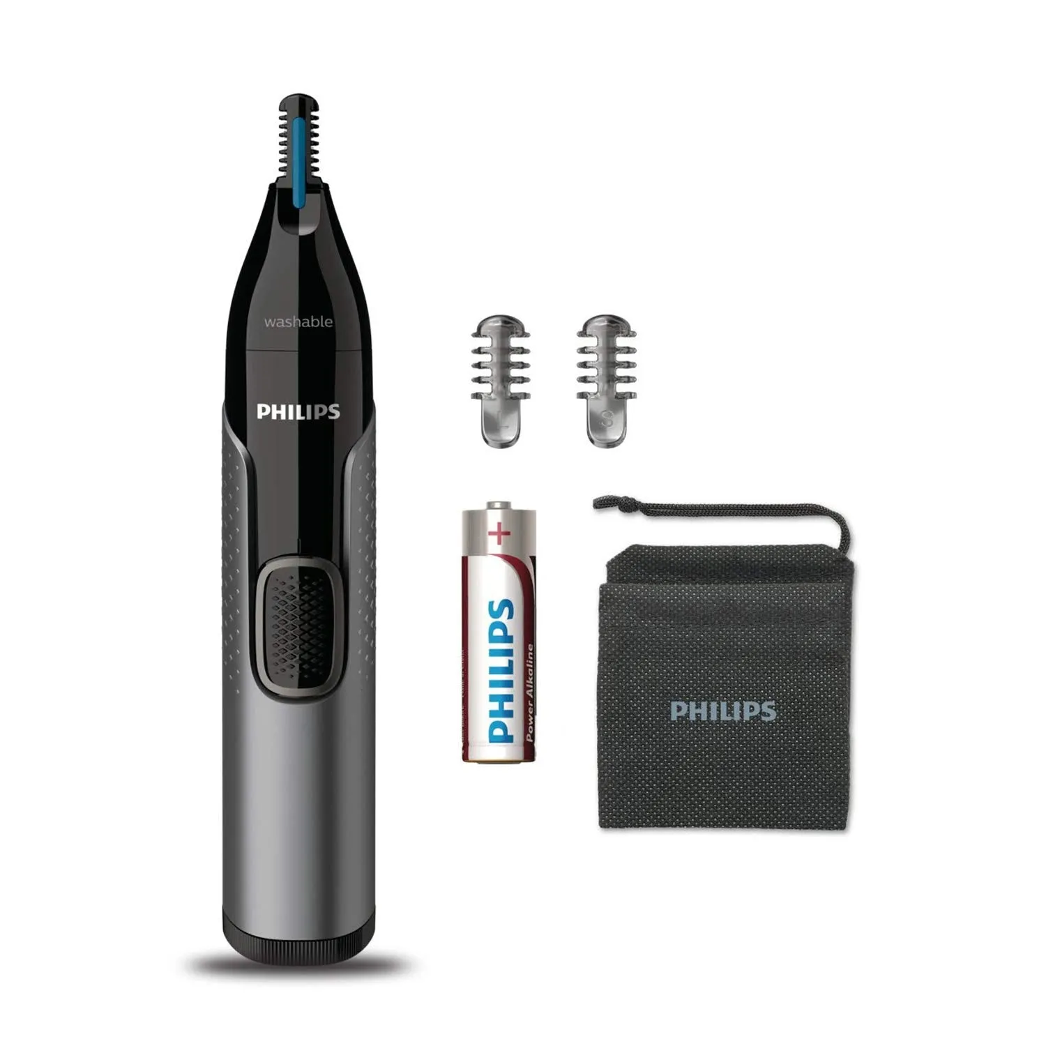 Philips Nose Trimmer Nt3650 Cordless Nose, Ear & Eyebrow Trimmer with Protective Guard System, Fully Washable, Including AA Battery, 2 Eyebrow Combs, Pouch Gray