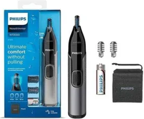 Philips Nose Trimmer Nt3650 Cordless Nose, Ear & Eyebrow Trimmer with Protective Guard System, Fully Washable, Including AA Battery, 2 Eyebrow Combs, Pouch Gray