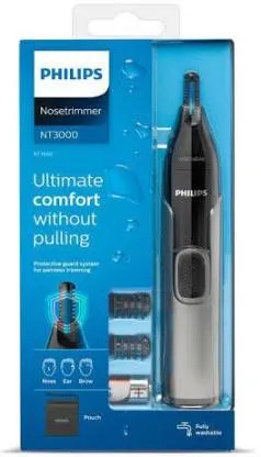 Philips Nose Trimmer Nt3650 Cordless Nose, Ear & Eyebrow Trimmer with Protective Guard System, Fully Washable, Including AA Battery, 2 Eyebrow Combs, Pouch Gray