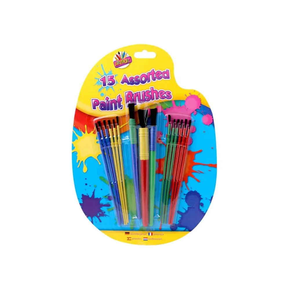 Plastic Handle Paint Brushes - 15 Pack Assorted Colours Sizes Kids Art Craft Supplies