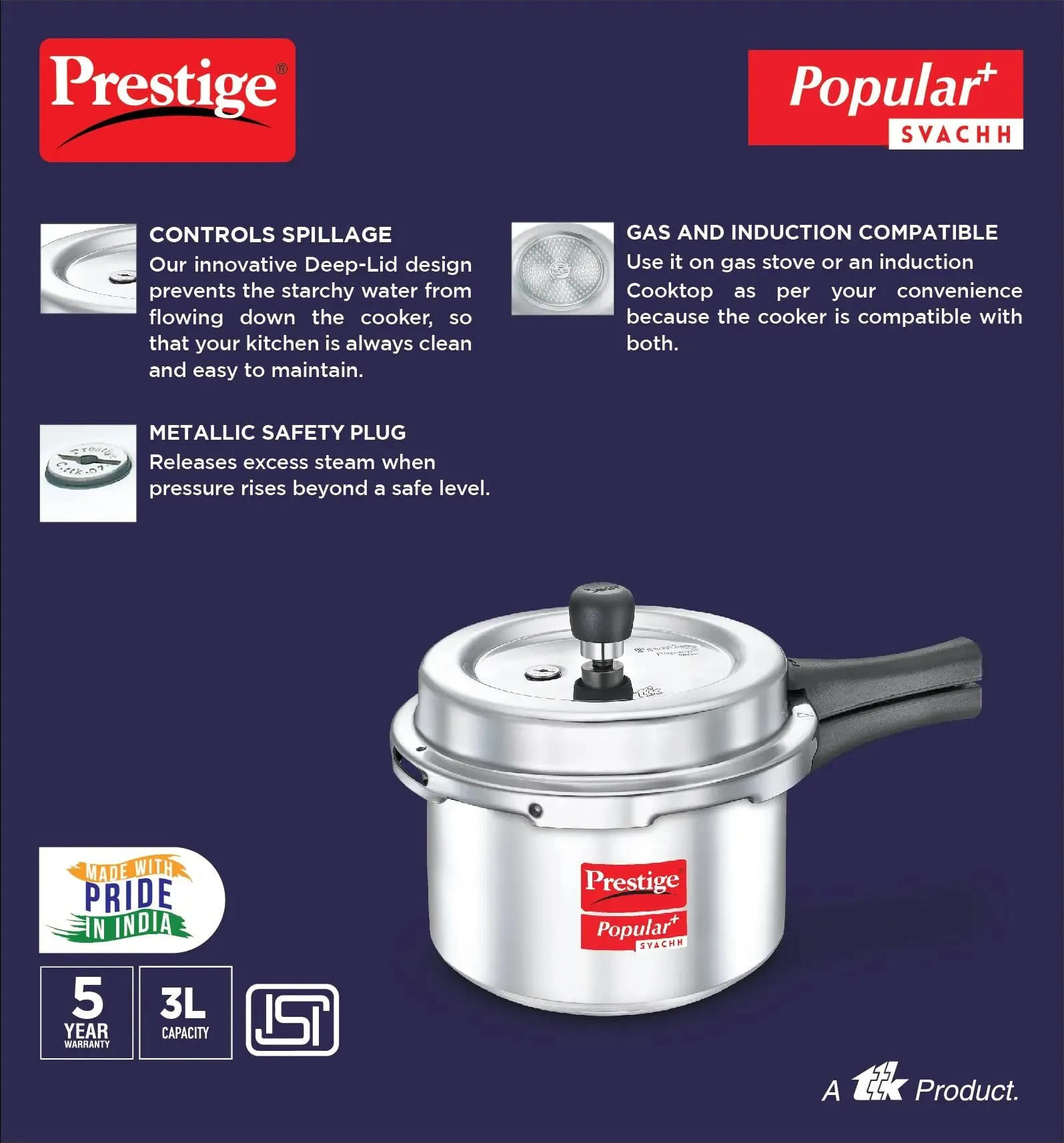 Prestige Popular Plus Svachh Virgin Aluminium Gas and Induction Compatible Outer Lid Pressure Cooker, 3 L (Silver)