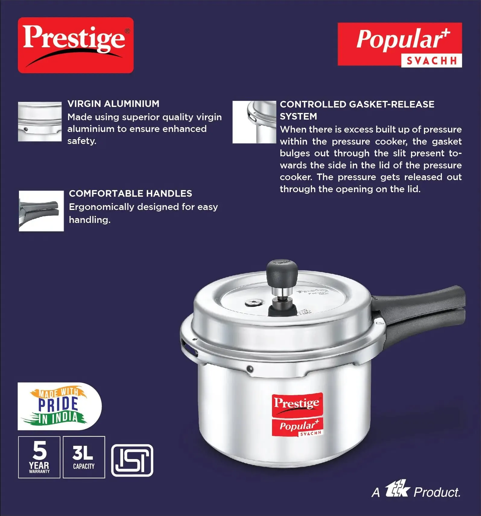 Prestige Popular Plus Svachh Virgin Aluminium Gas and Induction Compatible Outer Lid Pressure Cooker, 3 L (Silver)