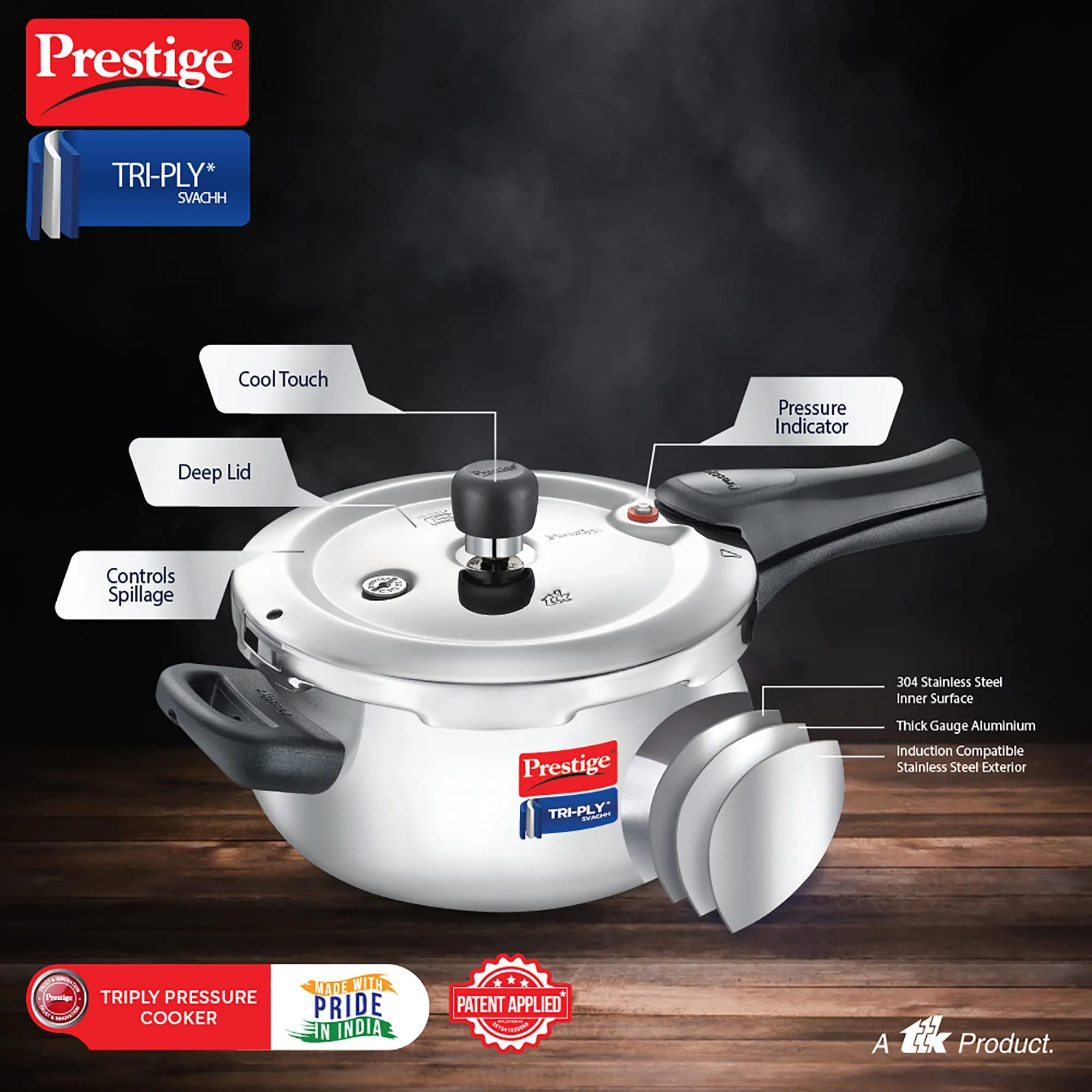 Prestige Stainless Steel Svachh Tri-Ply Handi Pressure Cooker 5 Litre, 5 Liter,Silver