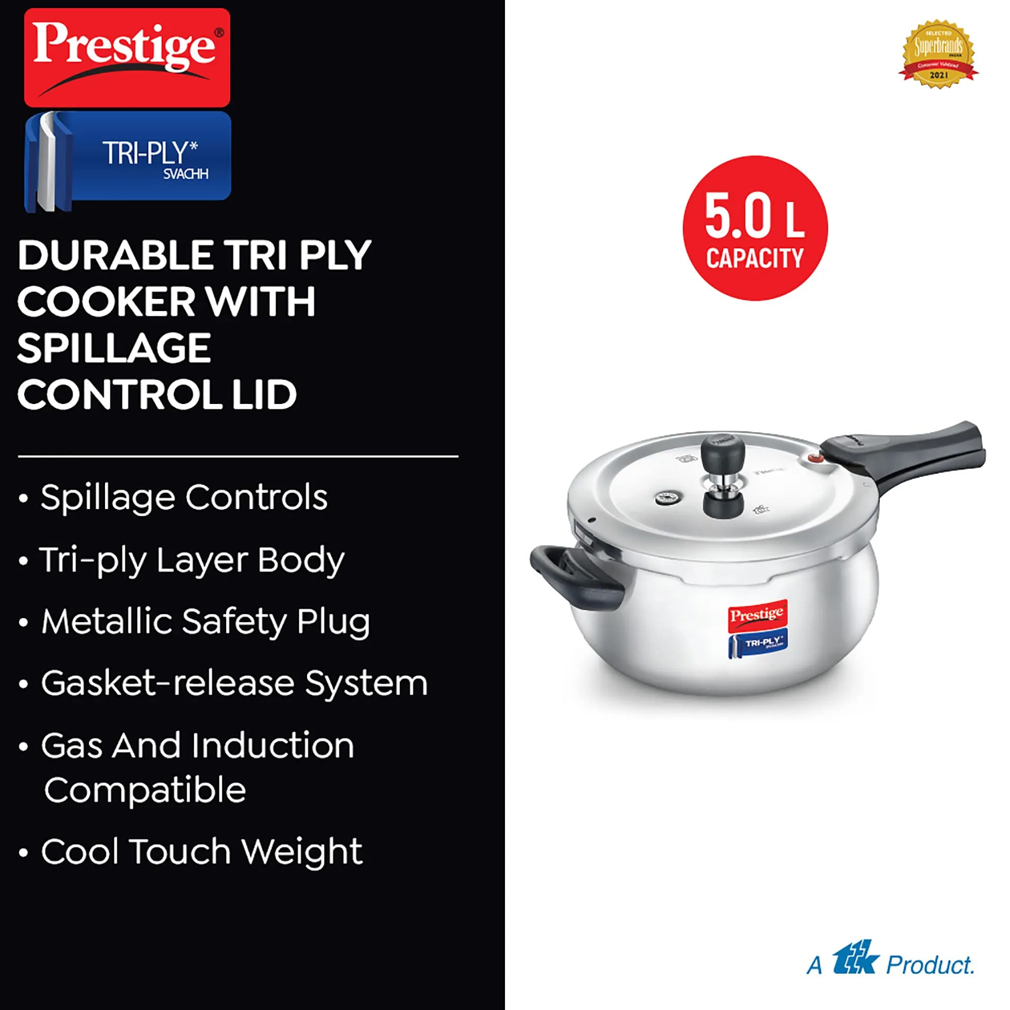 Prestige Stainless Steel Svachh Tri-Ply Handi Pressure Cooker 5 Litre, 5 Liter,Silver