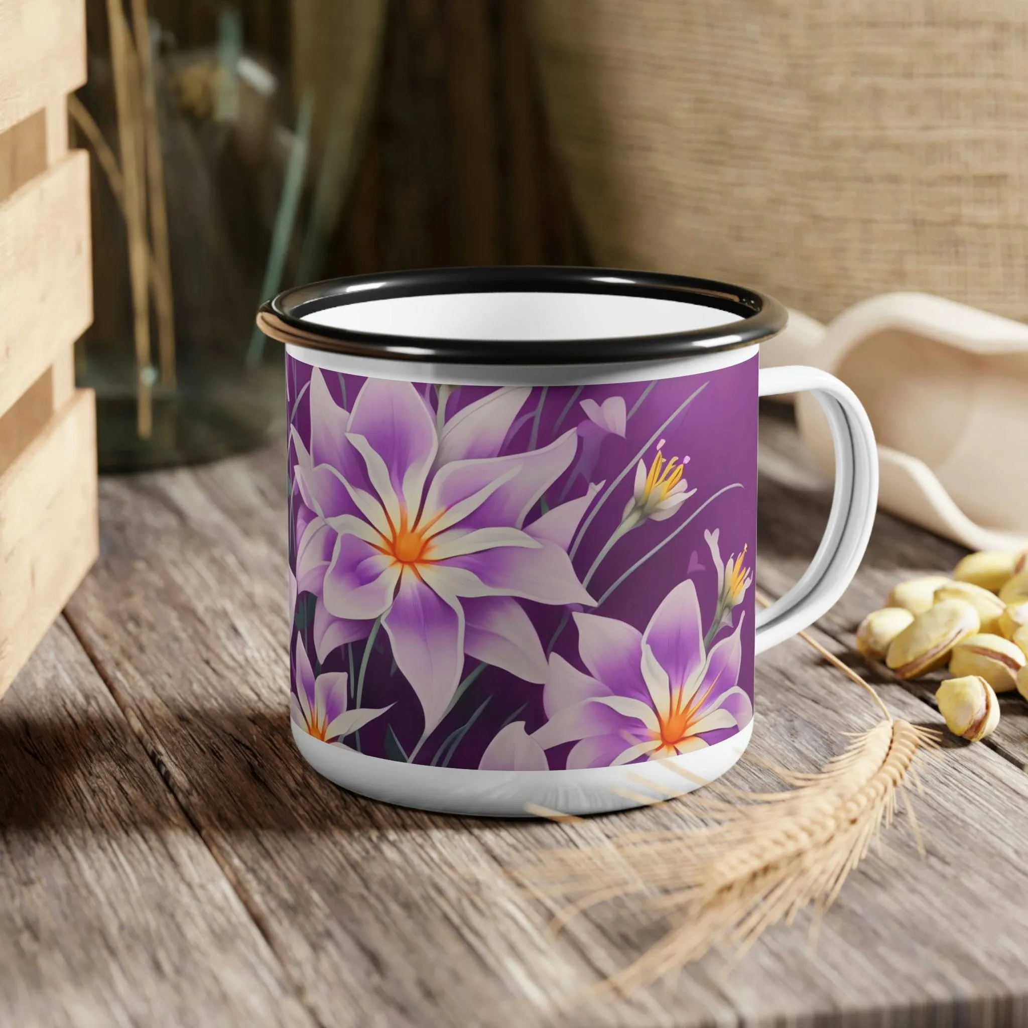 Purple Flowers, Enamel Camping Mug for Coffee, Tea, Cocoa, or Cereal - 12oz