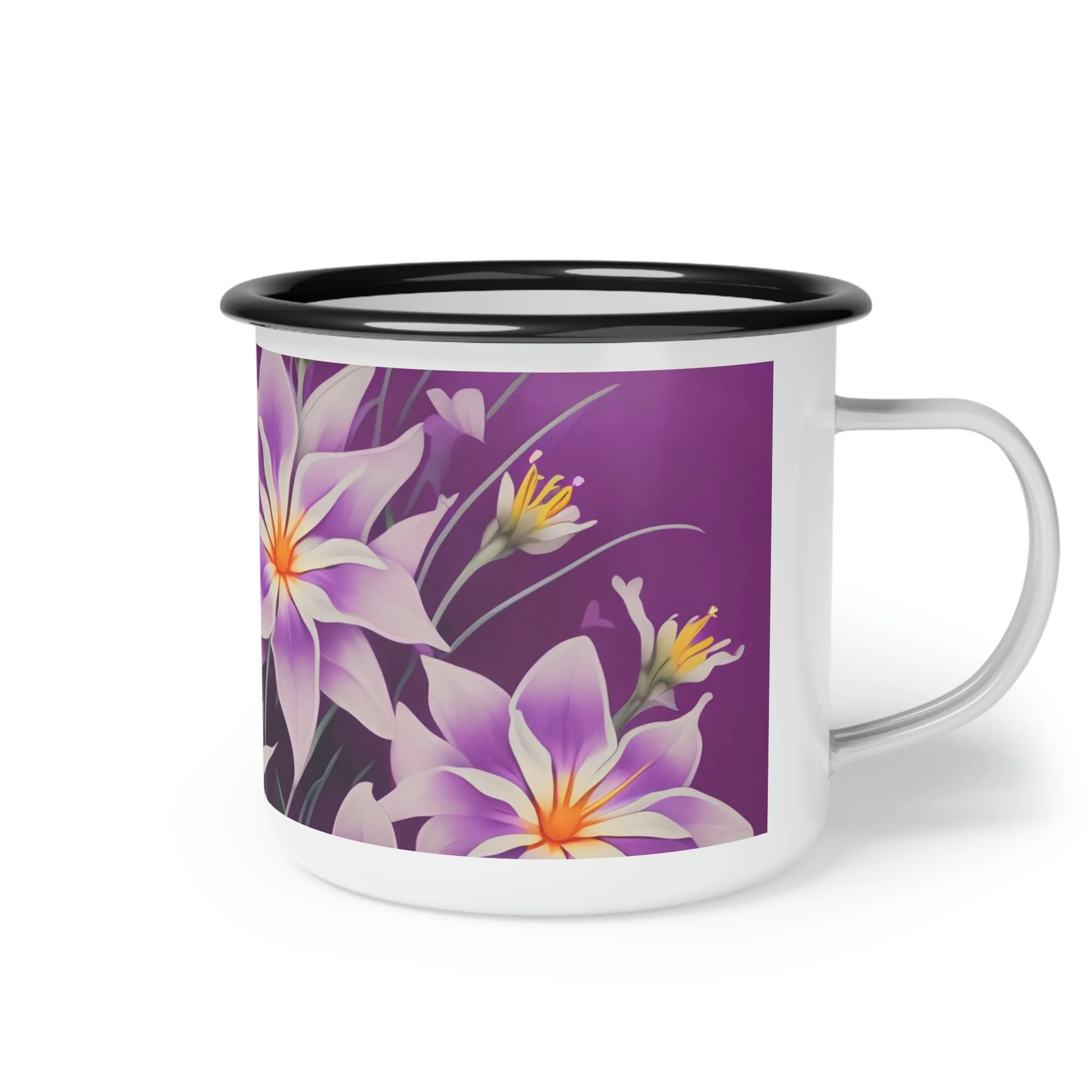 Purple Flowers, Enamel Camping Mug for Coffee, Tea, Cocoa, or Cereal - 12oz