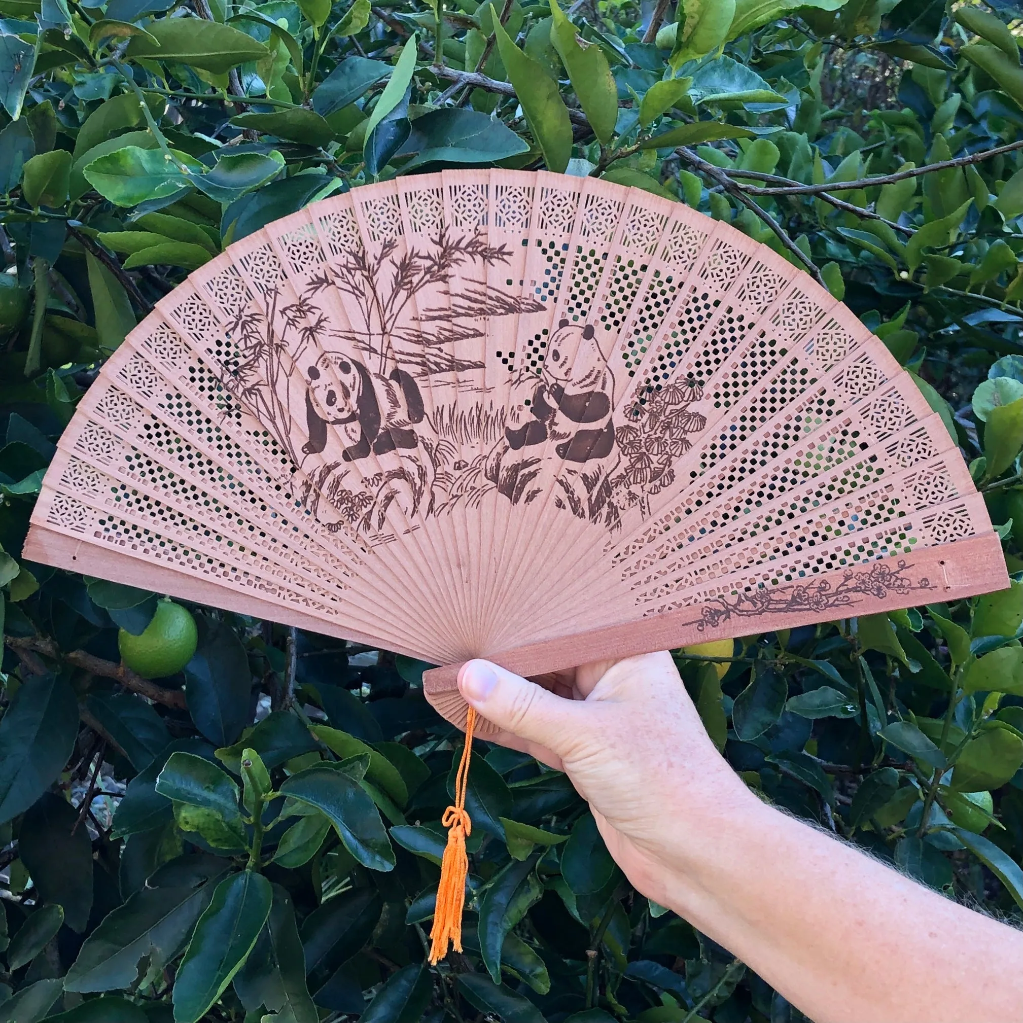 Sandalwood Chinese panda fan (23cm x 40cm)