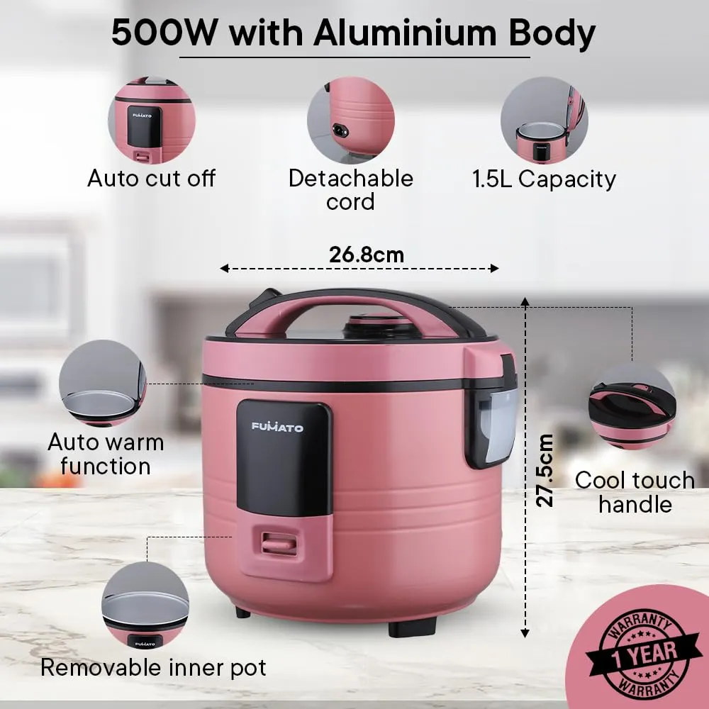 The Better Home FUMATO Slow Rice Cooker 1.5L 500W | 3-in-1 Electric Cooker, Boiler & Steamer | Aluminum Pot, Keep Warm Function, Cool Touch Body, Measuring Cup | 1 Year Warranty (Cherry Pink)