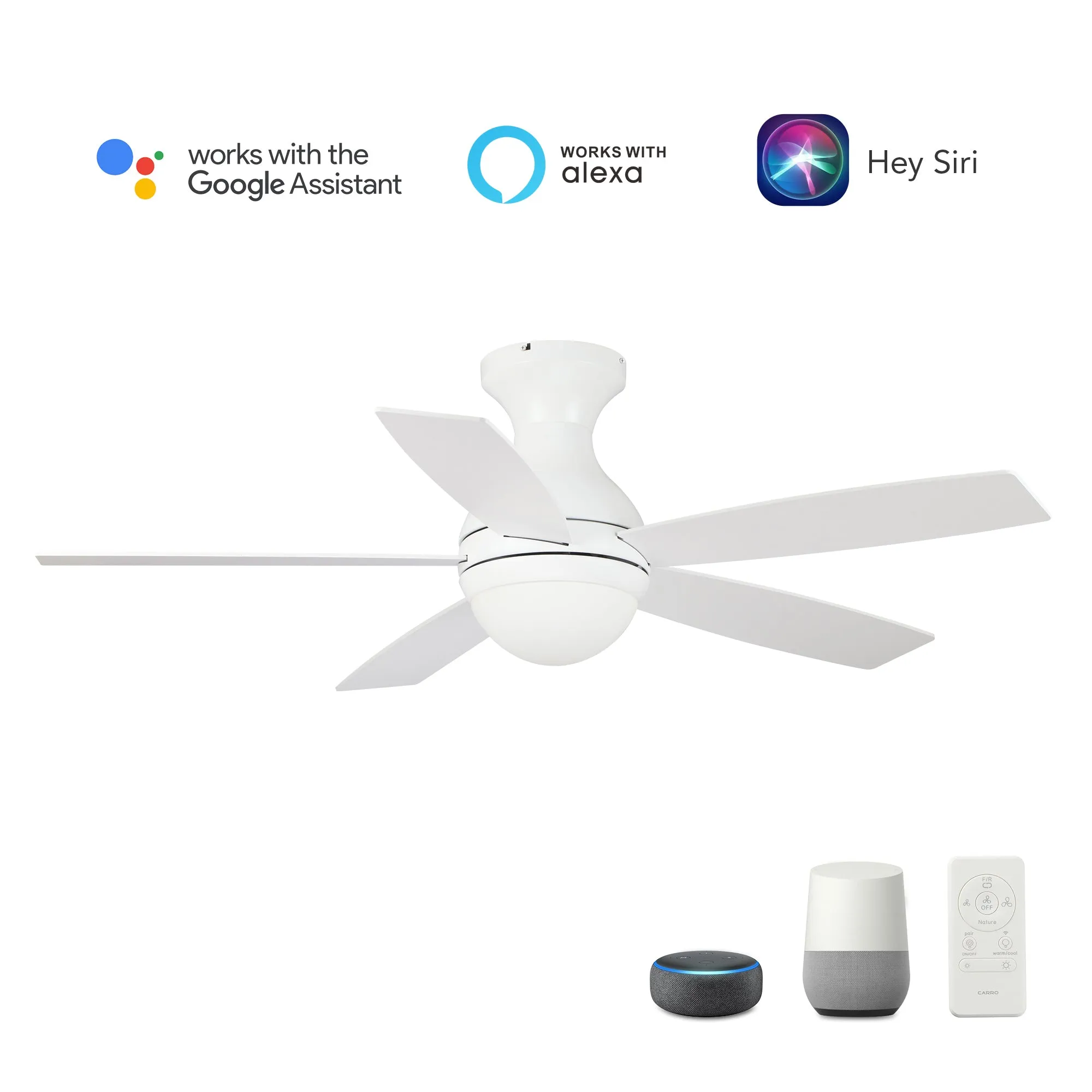 TWISTER 52 inch 5-Blade Flush Mount Smart Ceiling Fan with LED Light Kit & Remote- White/White