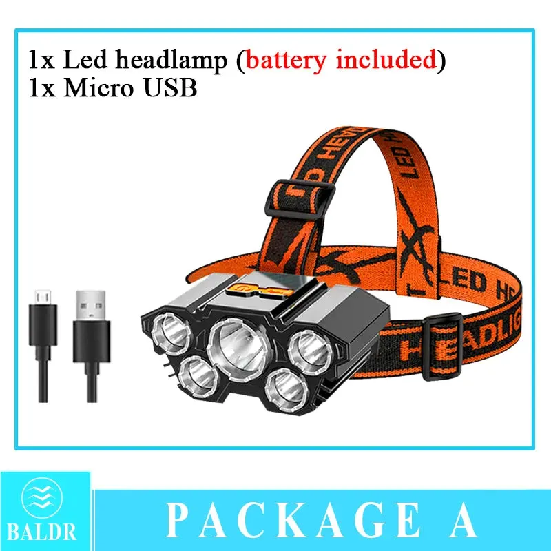 USB Rechargeable Led Five-Head Headlamp Super Bright 18650 Built-in Battery Headlight Portable Head Flashlight Fishing Lantern