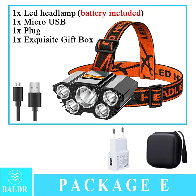 USB Rechargeable Led Five-Head Headlamp Super Bright 18650 Built-in Battery Headlight Portable Head Flashlight Fishing Lantern