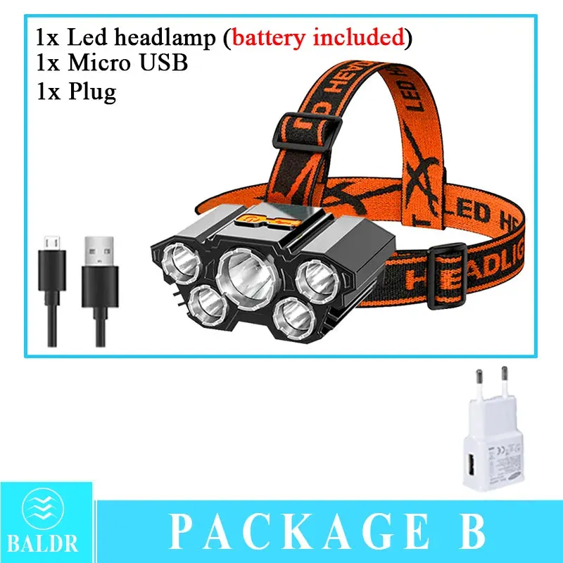 USB Rechargeable Led Five-Head Headlamp Super Bright 18650 Built-in Battery Headlight Portable Head Flashlight Fishing Lantern