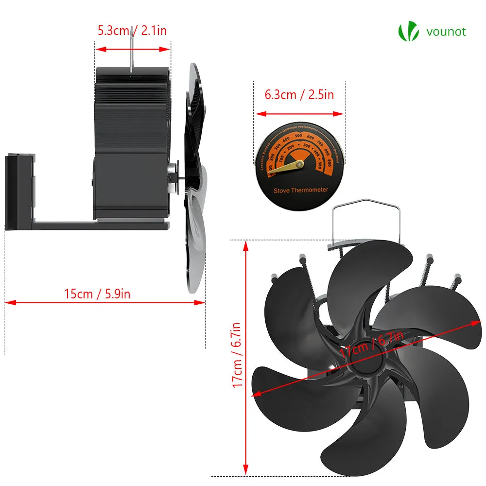 VOUNOT 6 Blade Stove Fan Wood Burning Gas Mini Stove Fan Include Thermometer