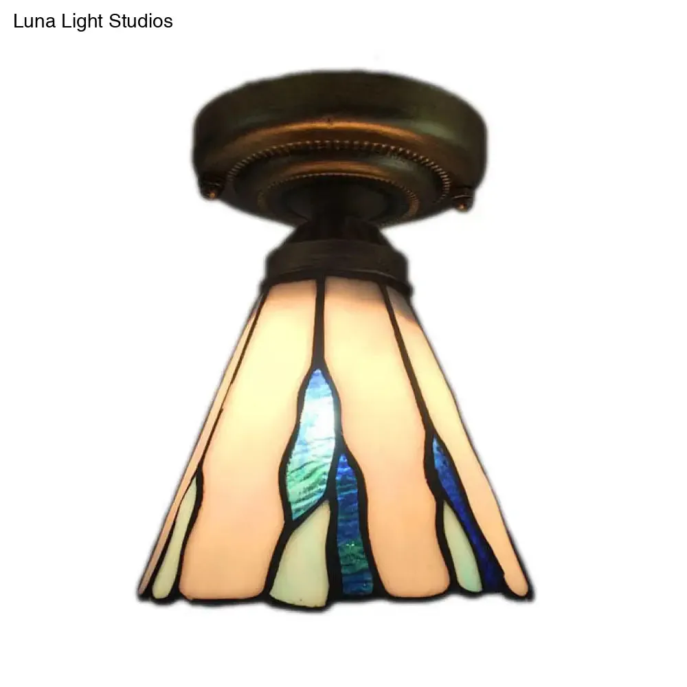 White/Beige/Blue-White Stained Glass Conical Flush Light - Tiffany 1-Light Ceiling Fixture for Bedroom Lighting