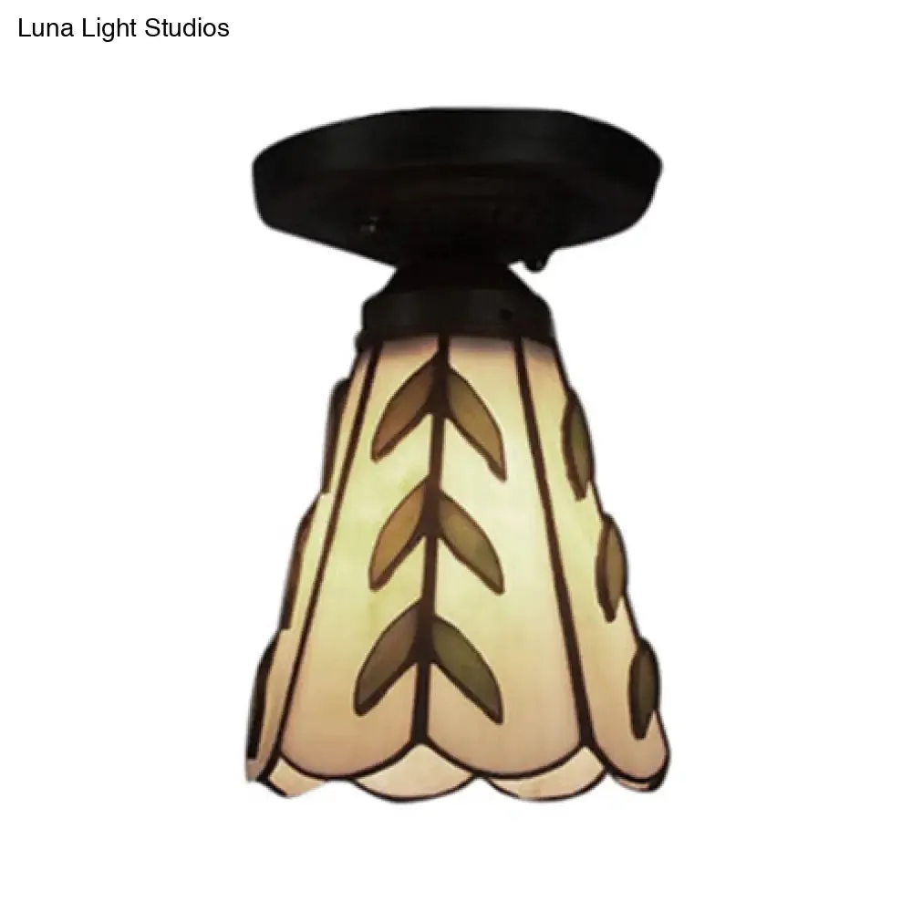 White/Beige/Blue-White Stained Glass Conical Flush Light - Tiffany 1-Light Ceiling Fixture for Bedroom Lighting