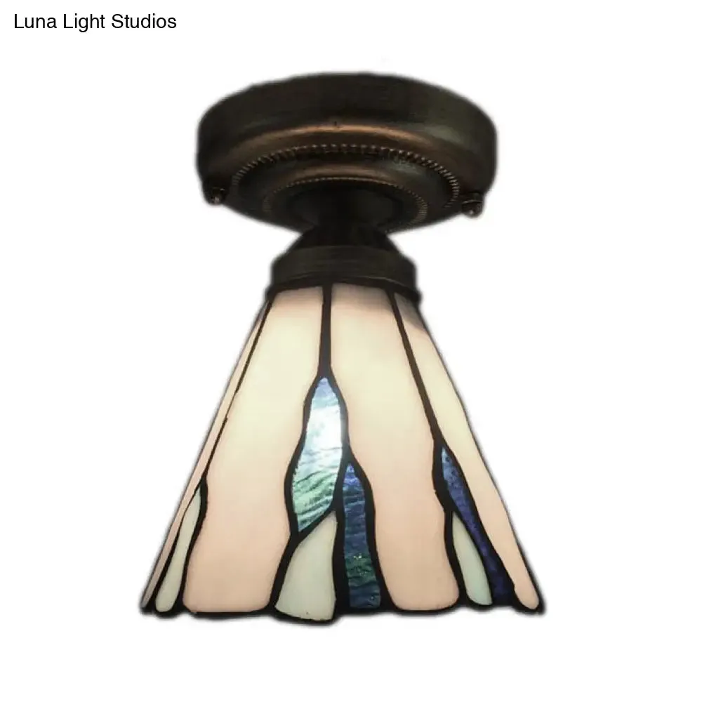 White/Beige/Blue-White Stained Glass Conical Flush Light - Tiffany 1-Light Ceiling Fixture for Bedroom Lighting